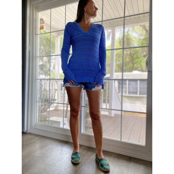 MICHAEL KORS Sweater Womens V-Neck Sheer Long Sleeve Hi-Low Cotton Blend Blue M - Picture 2 of 6